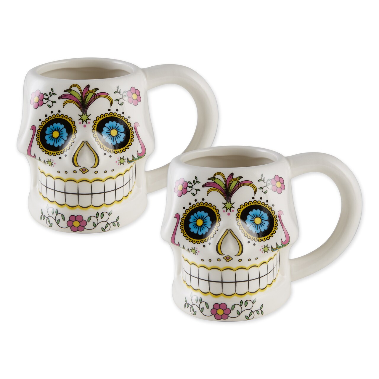 Contemporary Home Living Set of 2 White, Pink, and Yellow Home Kitchen Essentials Sugar Skull Ceramic Mugs, 4.5"